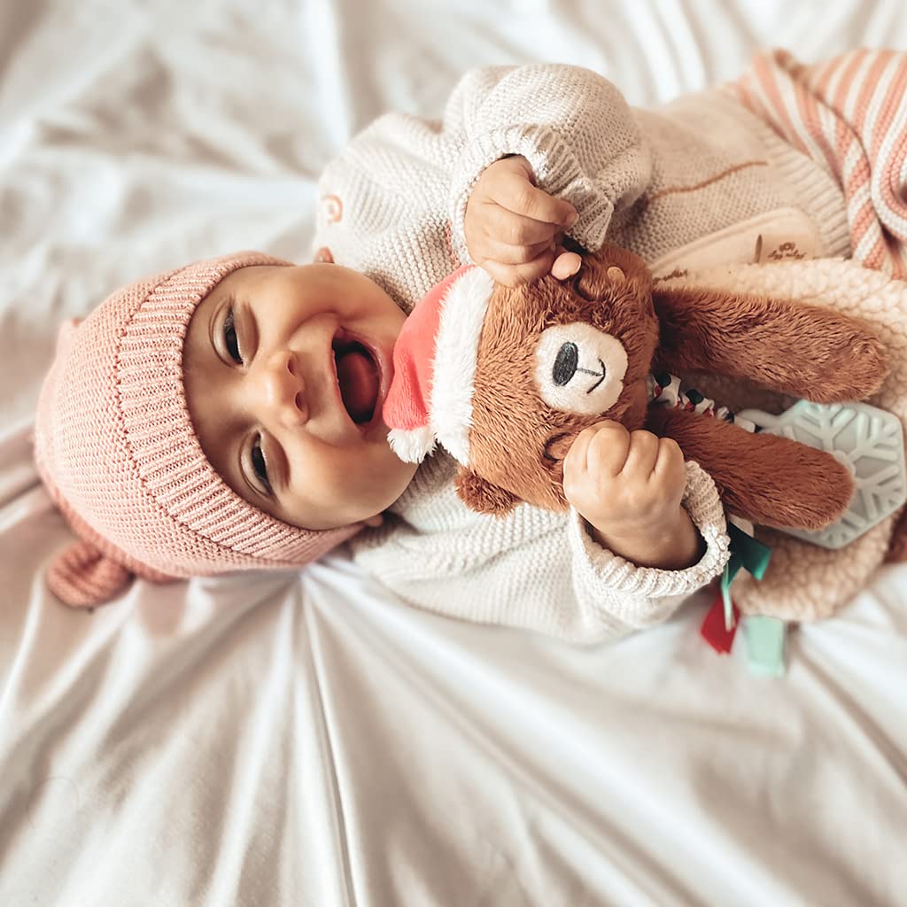 Itzy Ritzy - Itzy Lovey Including Teether - Baby Lovey with Teether, Textured Ribbons & Dangle Arms - Features Crinkle Sound, Sherpa Fabric and Minky Plush (Jolly The Reindeer)